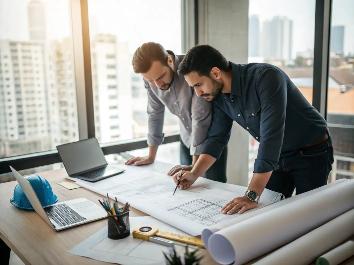 A modern engineering office with architects reviewing blueprints, symbolizing innovation and precision in engineering projects.