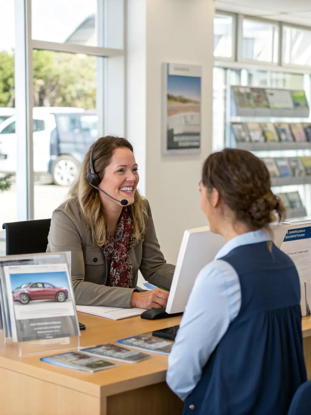 An image of a modern car rental office with employees working efficiently, showcasing streamlined operations.