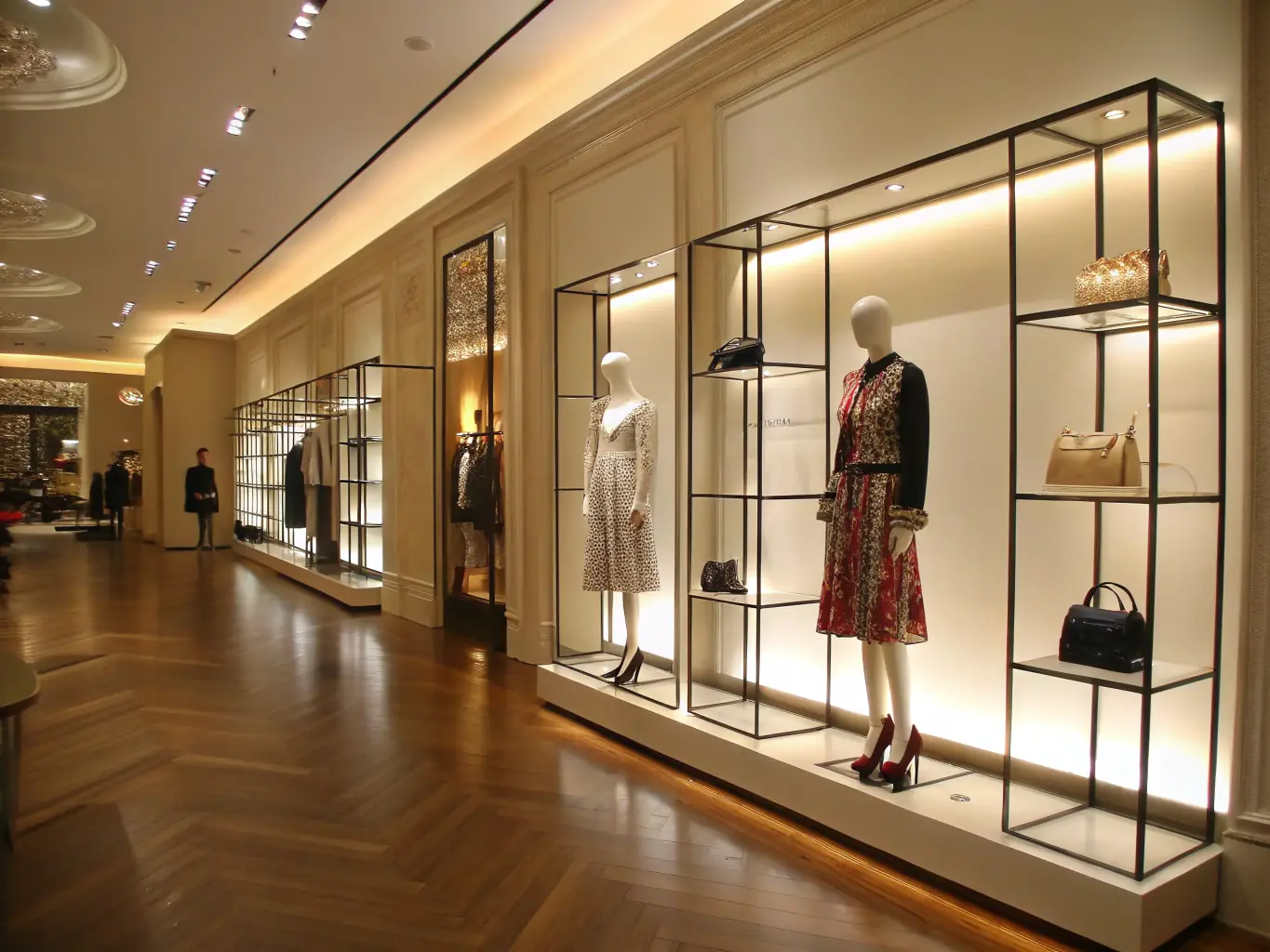 A modern retail store showcasing a new line of apparel, with mannequins dressed in the latest fashion trends and customers browsing through the collection, highlighting the importance of inventory and marketing.