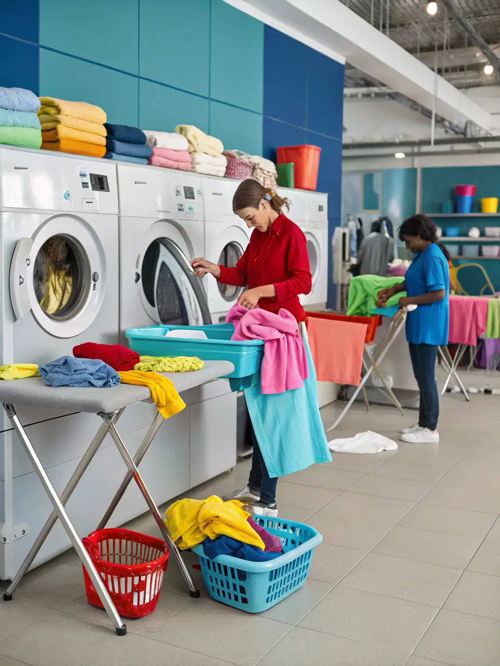 A busy dry cleaning shop with employees working, showcasing the need for working capital to manage day-to-day operations and customer service.