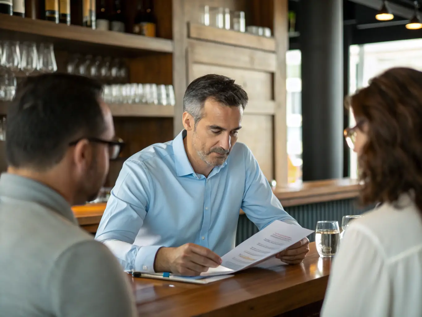 A professional businessman confidently reviewing financial documents in a modern office setting, symbolizing strategic financial planning and growth.