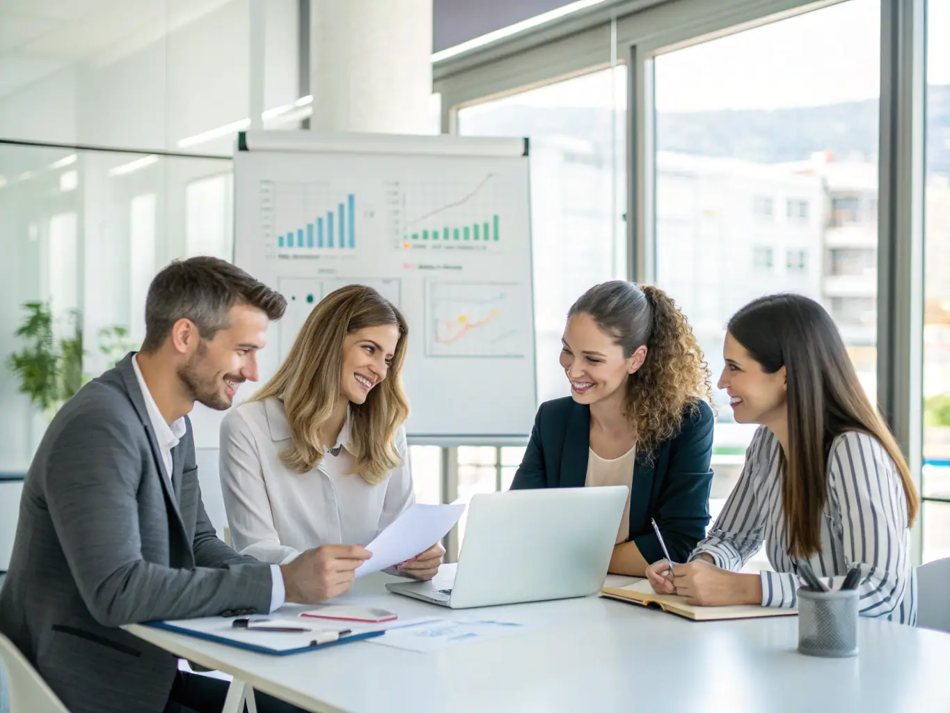 A diverse team of Mulah financial experts meeting with a cleaning business owner in a modern office setting, emphasizing personalized service and industry expertise.