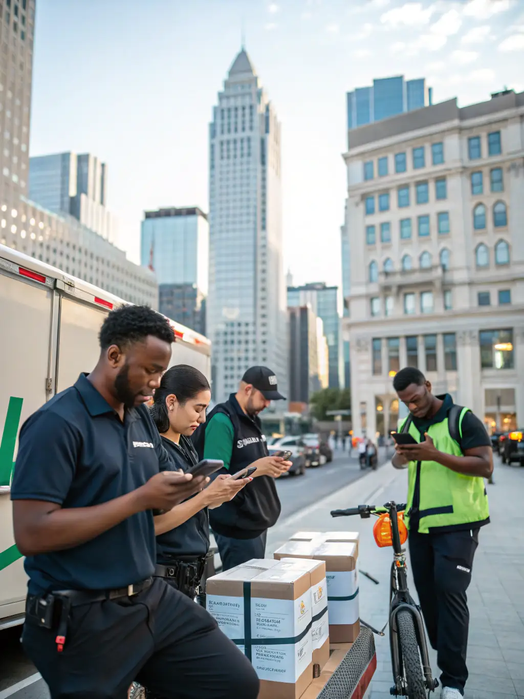 A diverse team of couriers using various modes of transport (bikes, vans) in a bustling city, showcasing the versatility of the business.