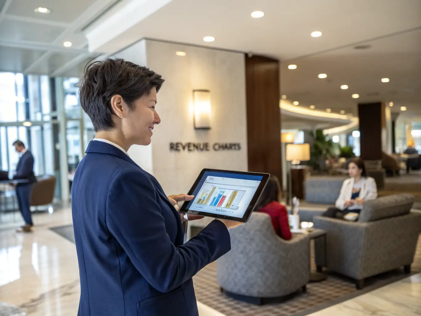 A professional photograph of a hotel manager reviewing financial reports in a modern hotel lobby, showcasing a sense of diligence and strategic planning.
