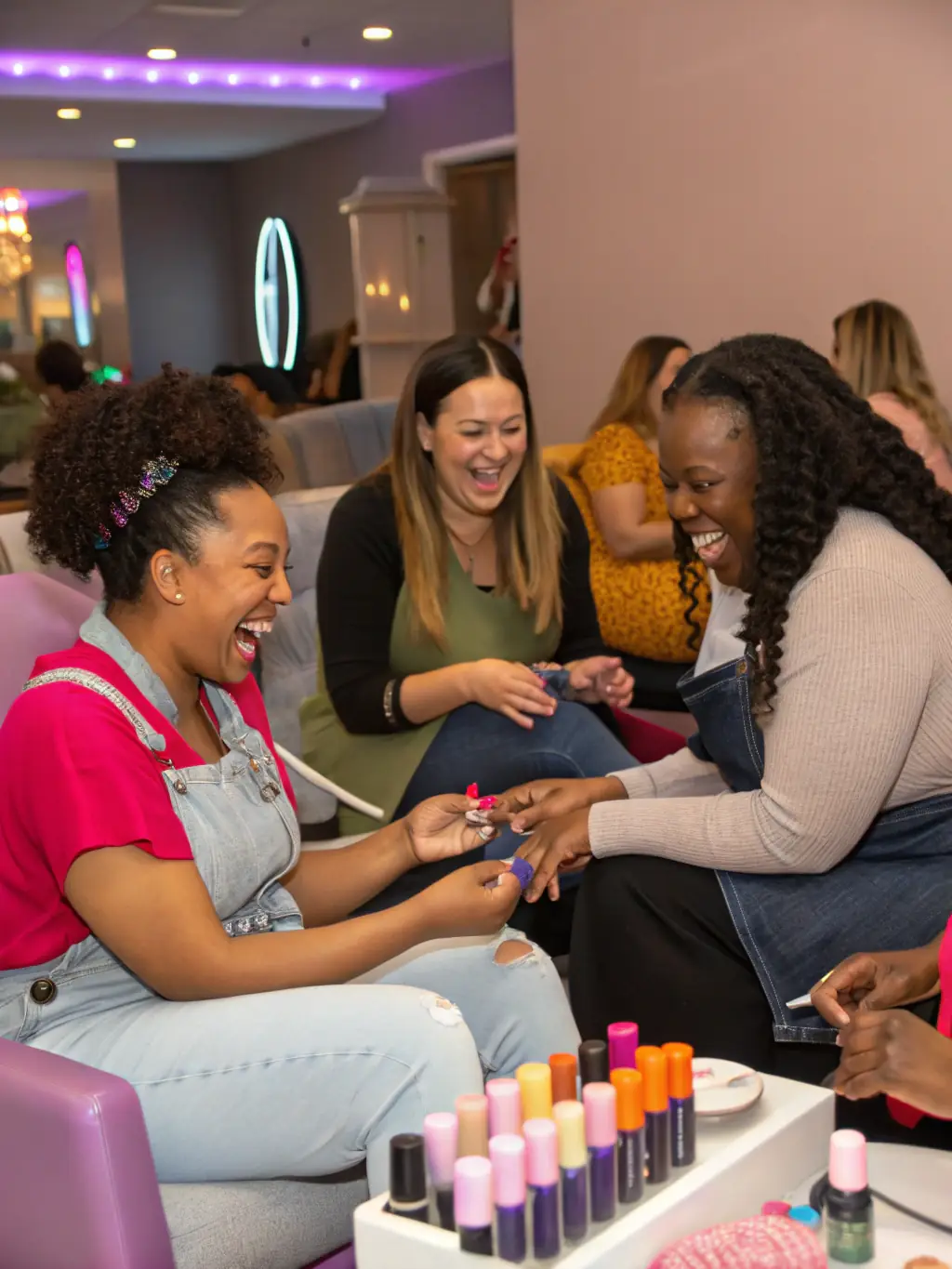 A diverse group of nail technicians collaborating and smiling in a nail salon, highlighting a positive and supportive work environment.