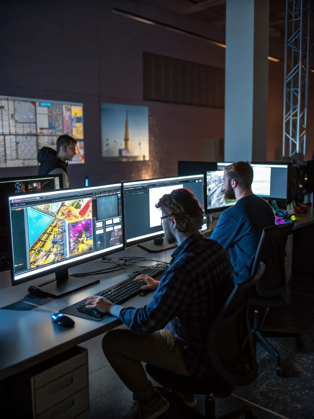 A modern image of a gaming studio, with developers working on computers and designing video games, emphasizing the technological and financial demands of game development.