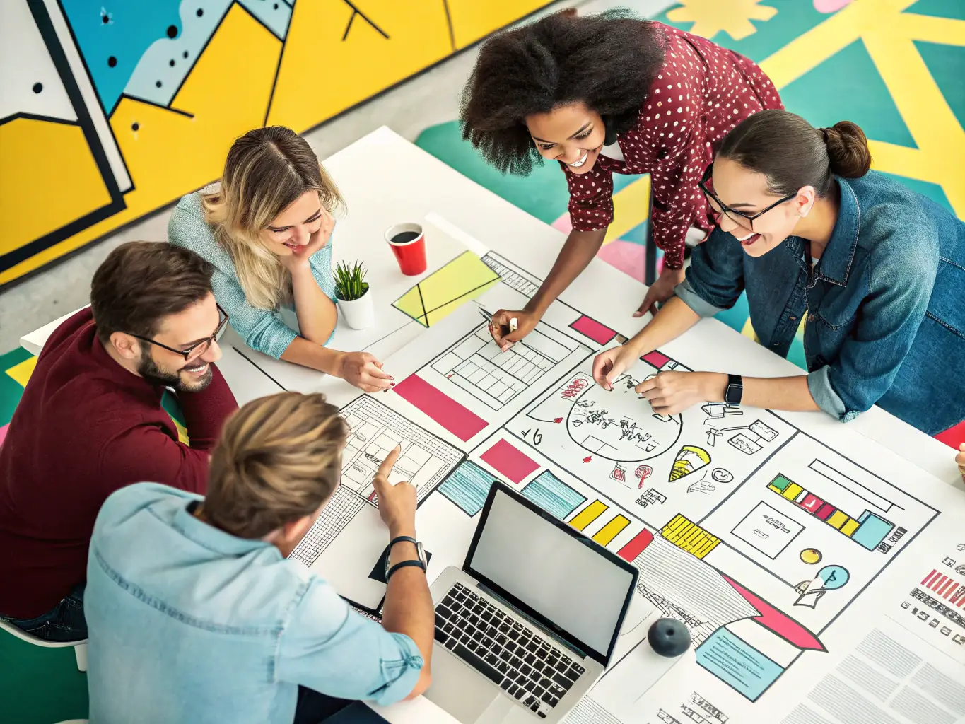 A diverse team of designers brainstorming ideas in a sunlit office, emphasizing collaboration and creativity, reflecting the supportive environment OnDeckClone fosters.