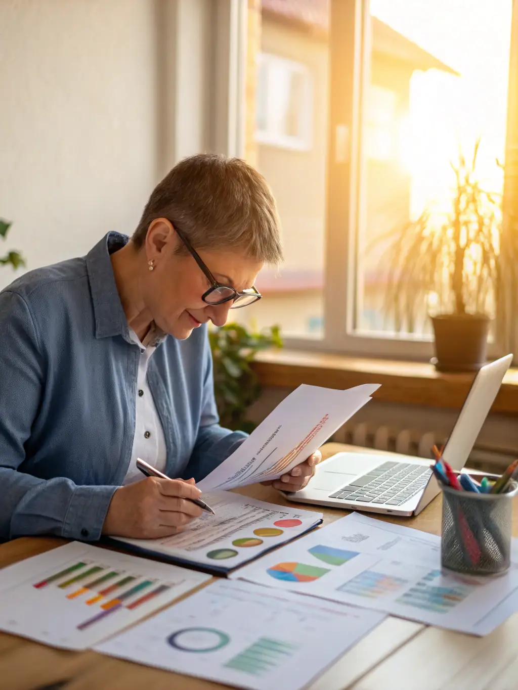 A school administrator smiling confidently while reviewing financial reports on a tablet, illustrating the ease of managing funds received from OnDeckClone.
