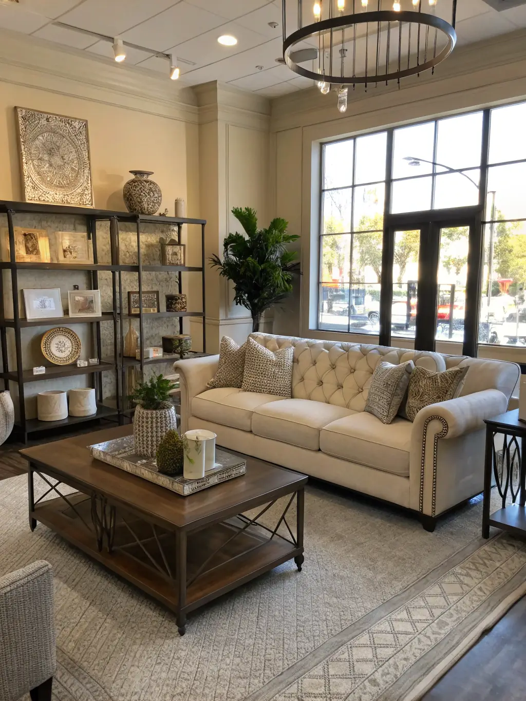 A modern furniture showroom with a wide variety of displayed items, highlighting the importance of inventory financing to maintain a diverse selection.