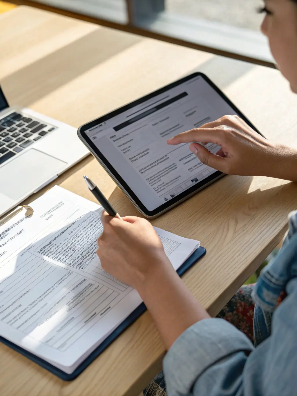 A close-up shot of an engineer's hands filling out a digital application form on a tablet, with a focus on the ease of use and clear instructions.