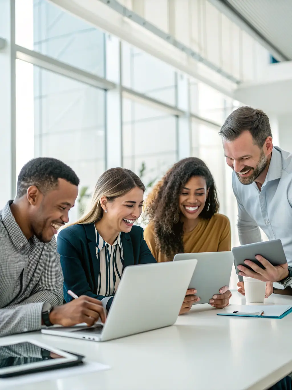 A professional photograph of a diverse team of healthcare professionals smiling and collaborating in a modern office setting, symbolizing the supportive partnership Mulah offers.