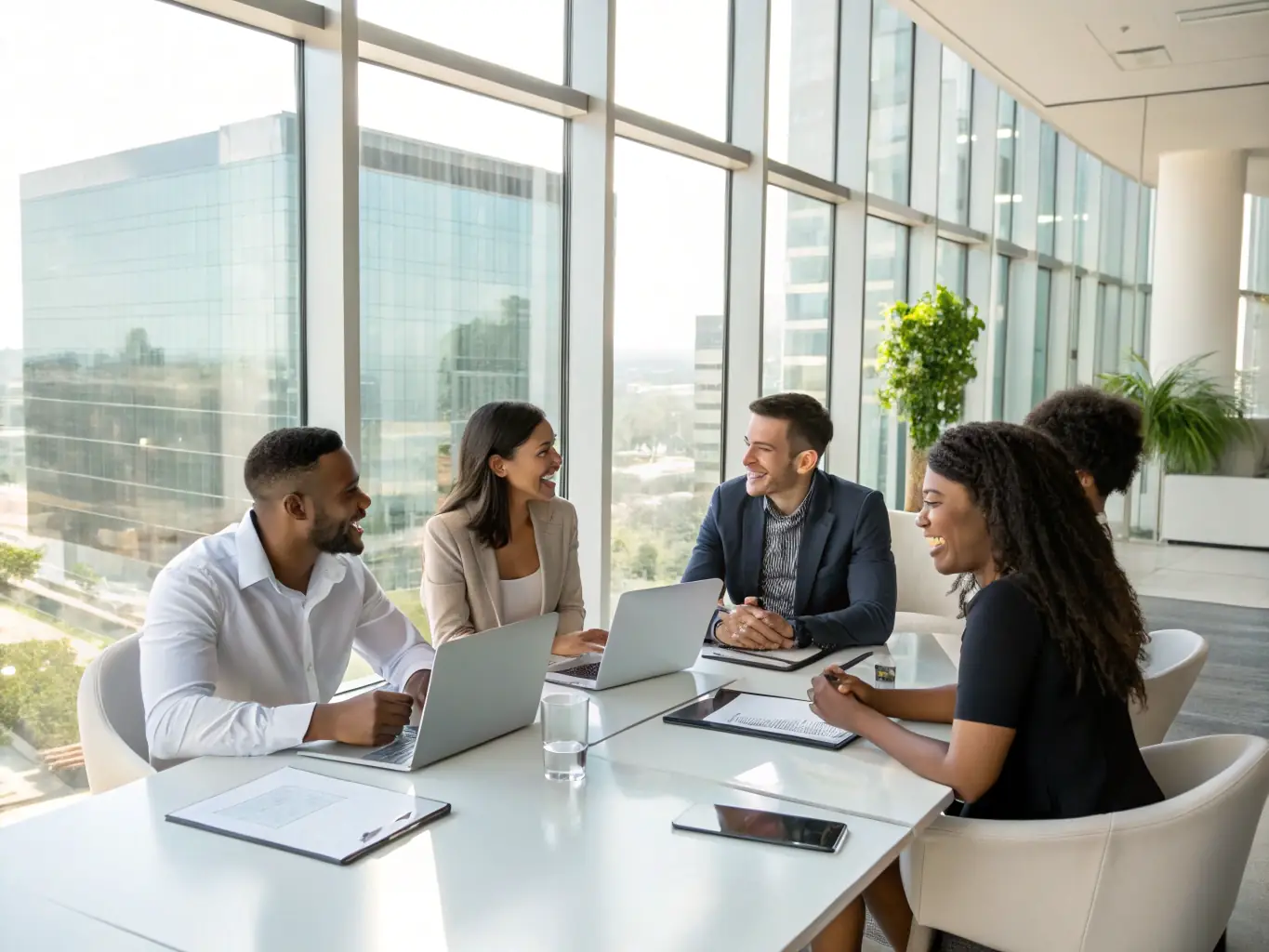 A diverse group of import business owners collaborating on a project, representing the collaborative support and community Mulah provides.