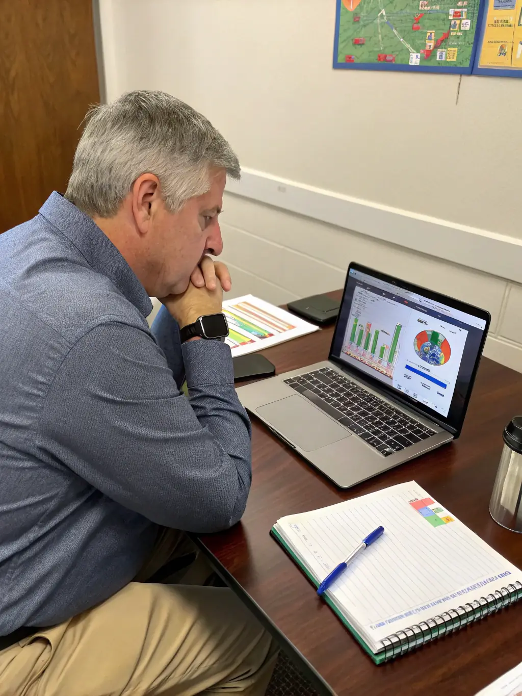 A school administrator smiling confidently while reviewing financial reports, highlighting the ease of managing funds with Mulah.