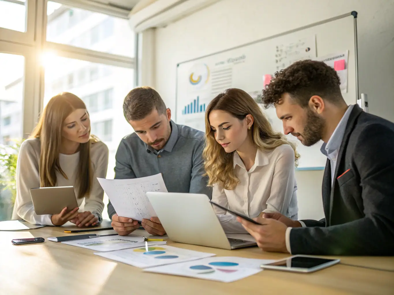 A group of dental professionals collaborating around a table, reviewing financial documents with Mulah branding, showcasing industry expertise.