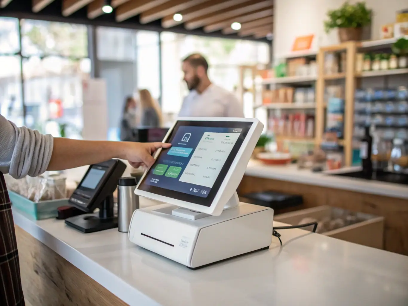 A modern point-of-sale system in a call center, processing multiple transactions, highlighting the importance of merchant cash advances for revenue-based funding.