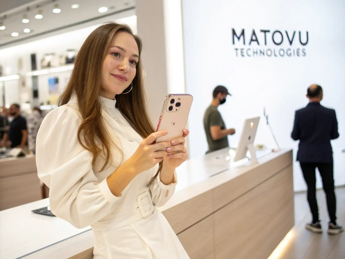 A professional photograph of an electronics store owner smiling and confidently using a tablet to manage inventory and sales data, showcasing the ease and efficiency OnDeckClone brings to their business operations.