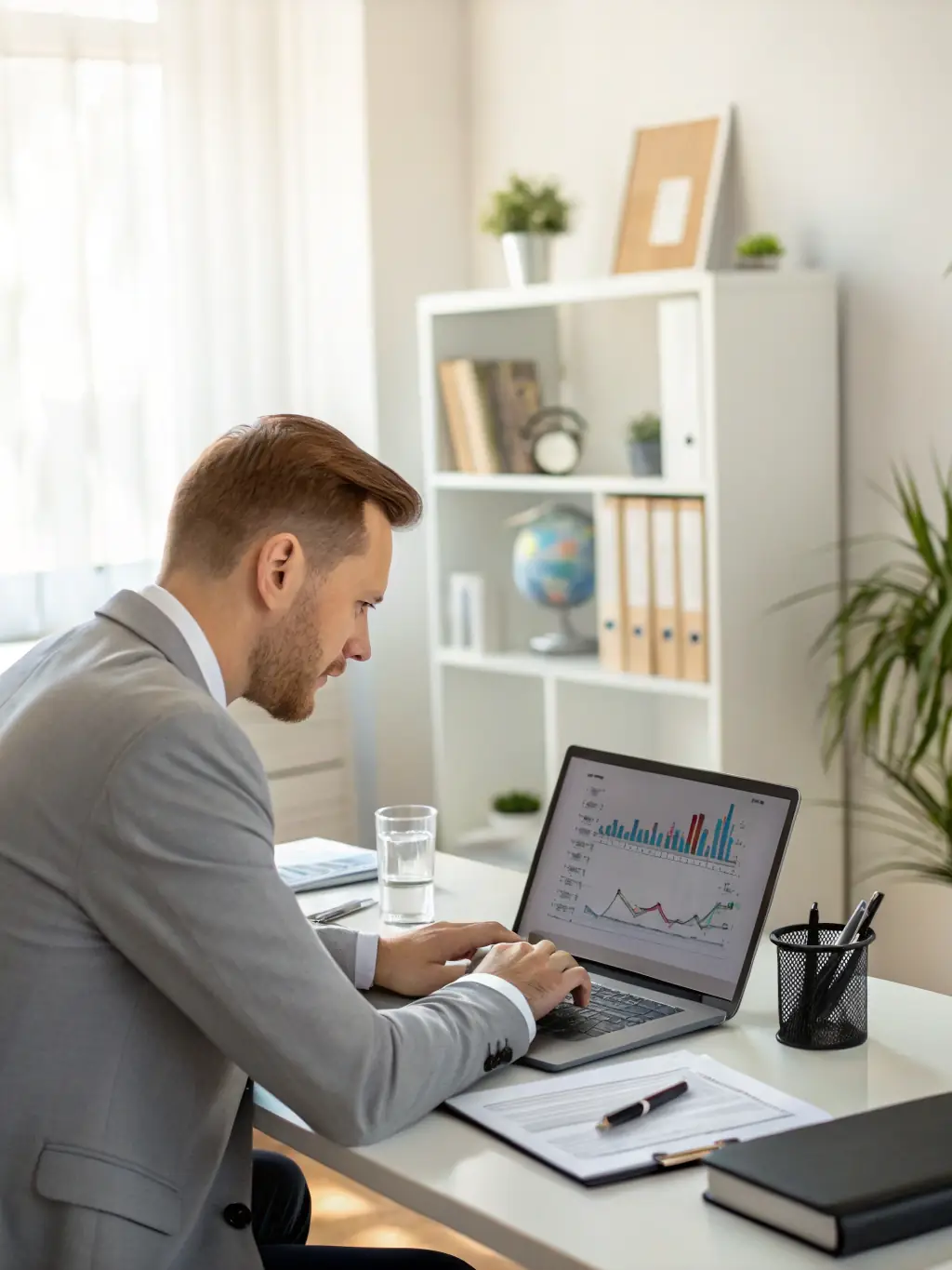 A business consultant using Mulah funding to purchase new software licenses for their team, enhancing their service delivery capabilities. The consultant is smiling and pointing at the screen.