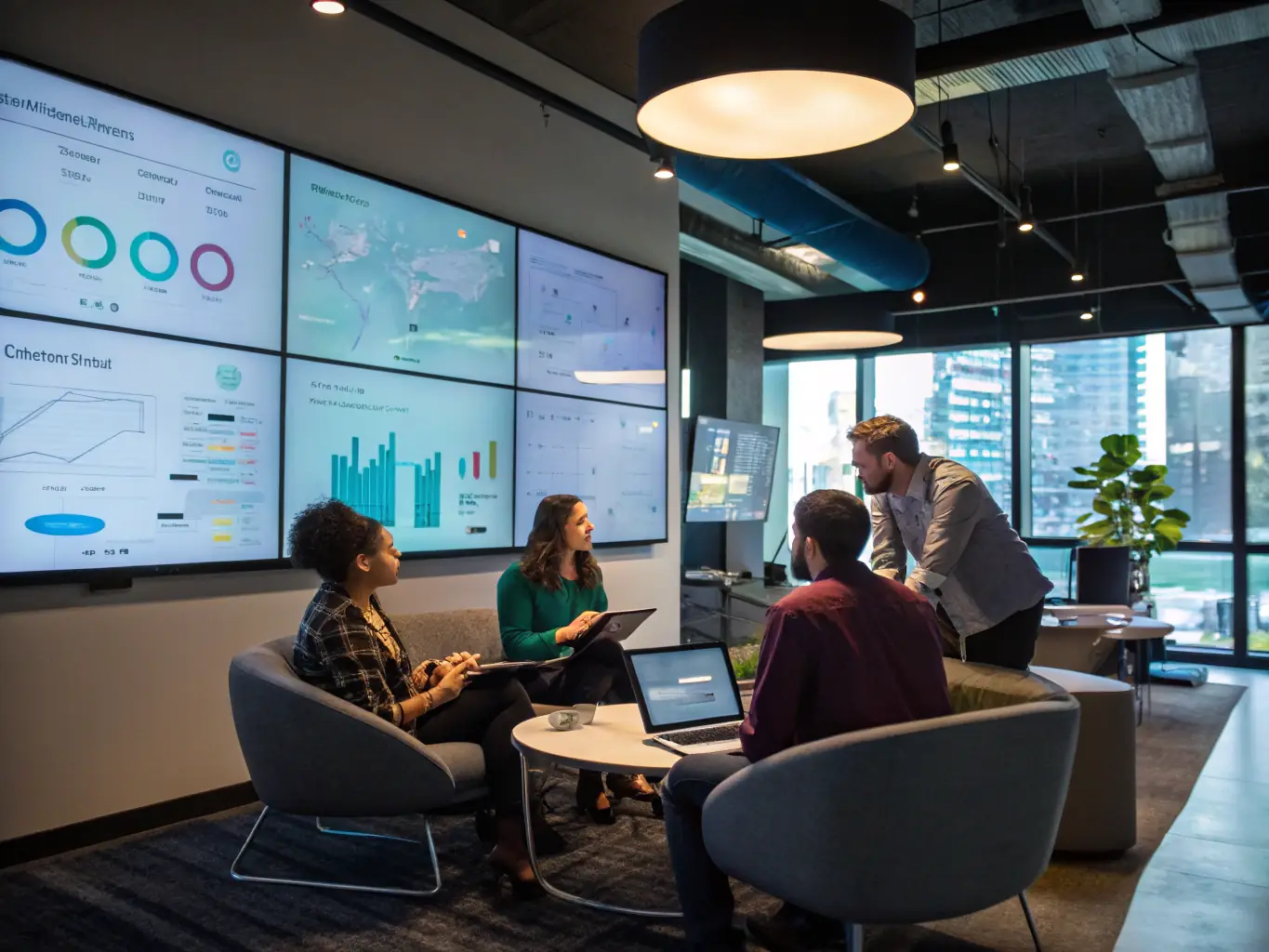 A dynamic marketing team strategizing in a brightly lit office, using data analytics tools on large screens to optimize marketing campaigns, representing the data-driven approach of modern marketing agencies.