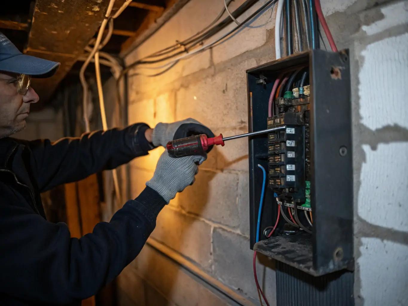 A close-up shot of an electrician's hands working on wiring inside an electrical panel, symbolizing the expertise and precision required in the electrical trade.