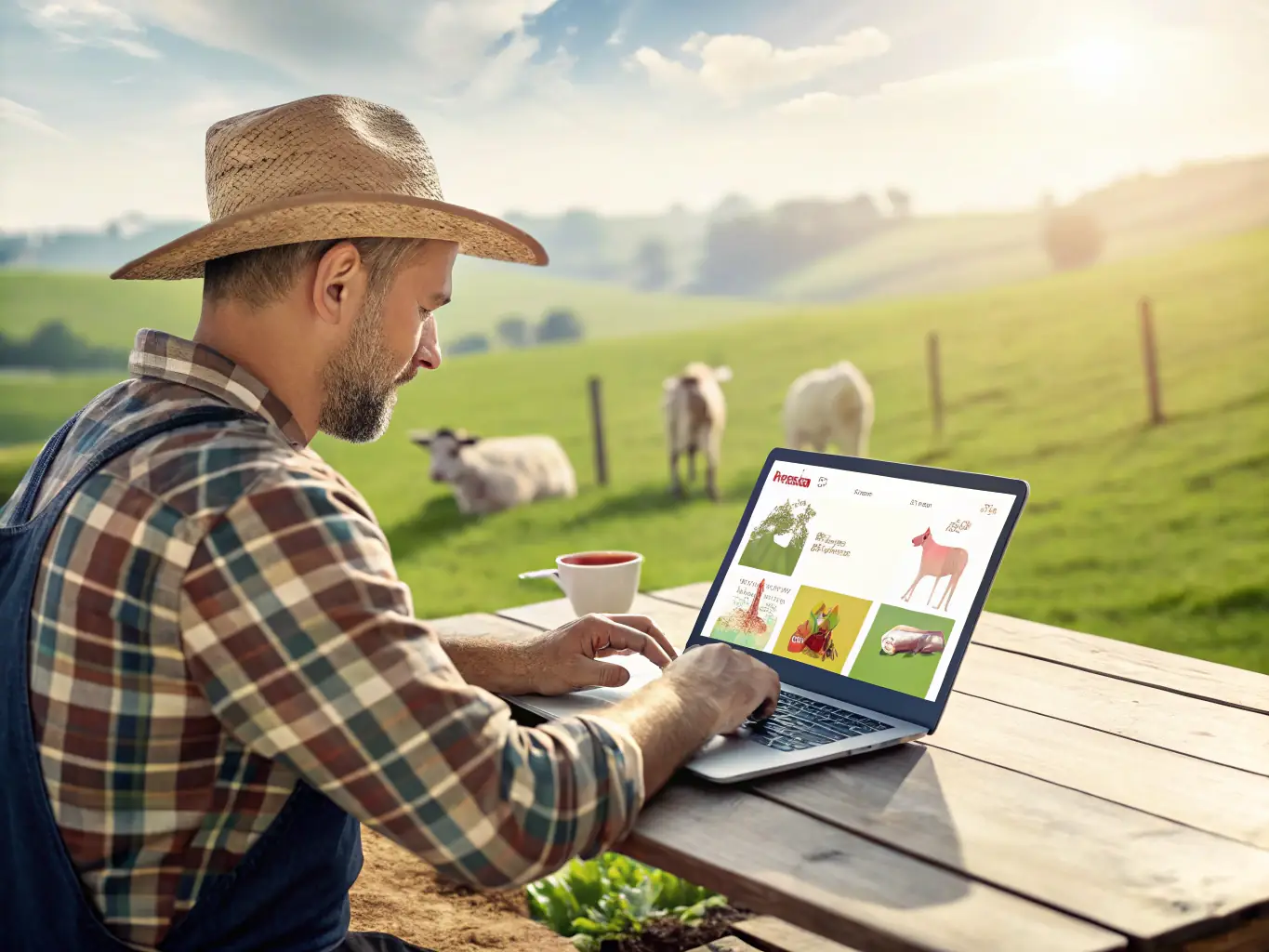 A farmer is filling out an online application form on a laptop in a sunlit office, with fields visible through the window, symbolizing the initial step of applying for funding with OnDeckClone.