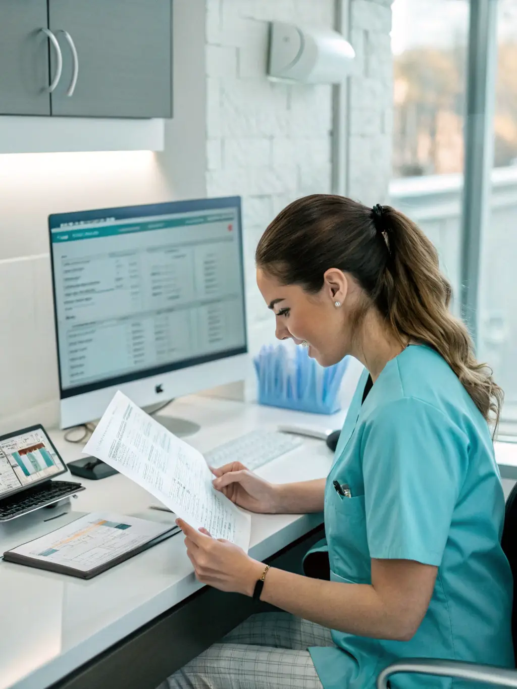 A dentist reviewing financial reports with a satisfied expression, indicating improved financial stability through Mulah's funding.