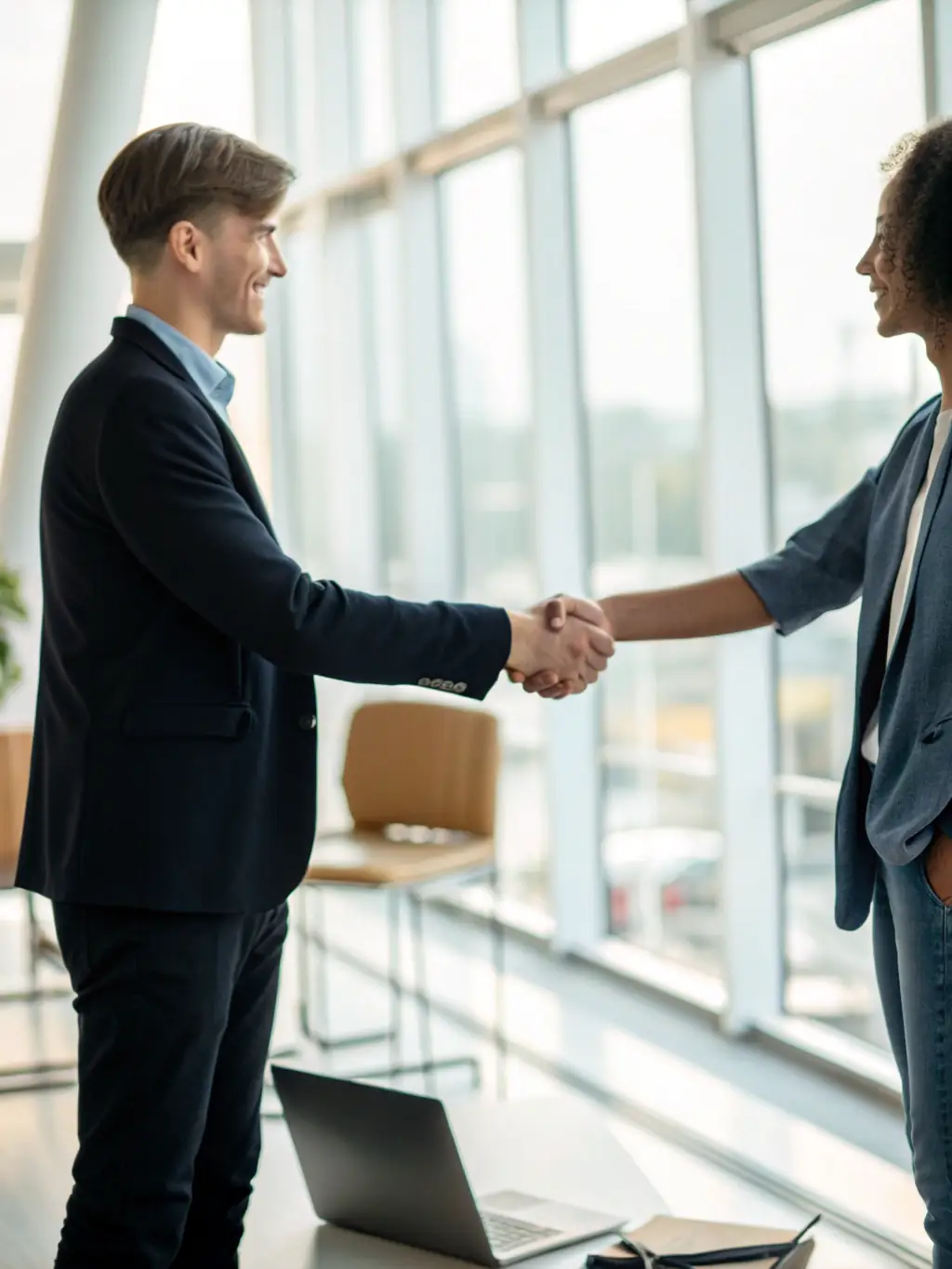 A handshake between a government contractor and a Mulah representative, symbolizing the approval of funding and a successful partnership.