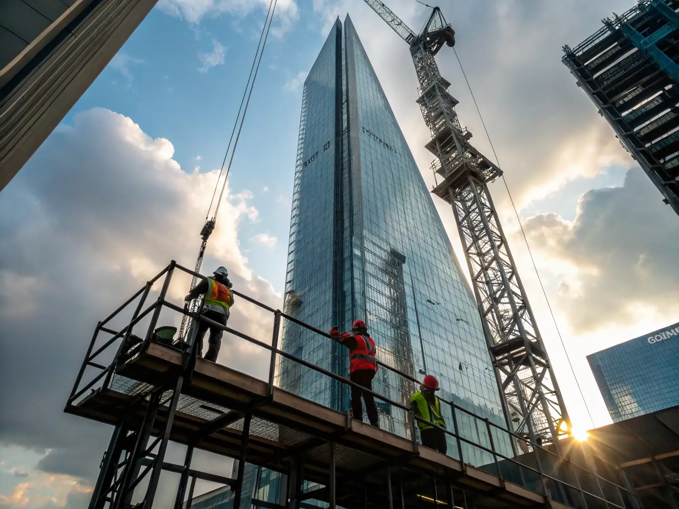 A construction site with workers actively engaged in building a modern commercial structure, under a clear blue sky, symbolizing progress and achievement.