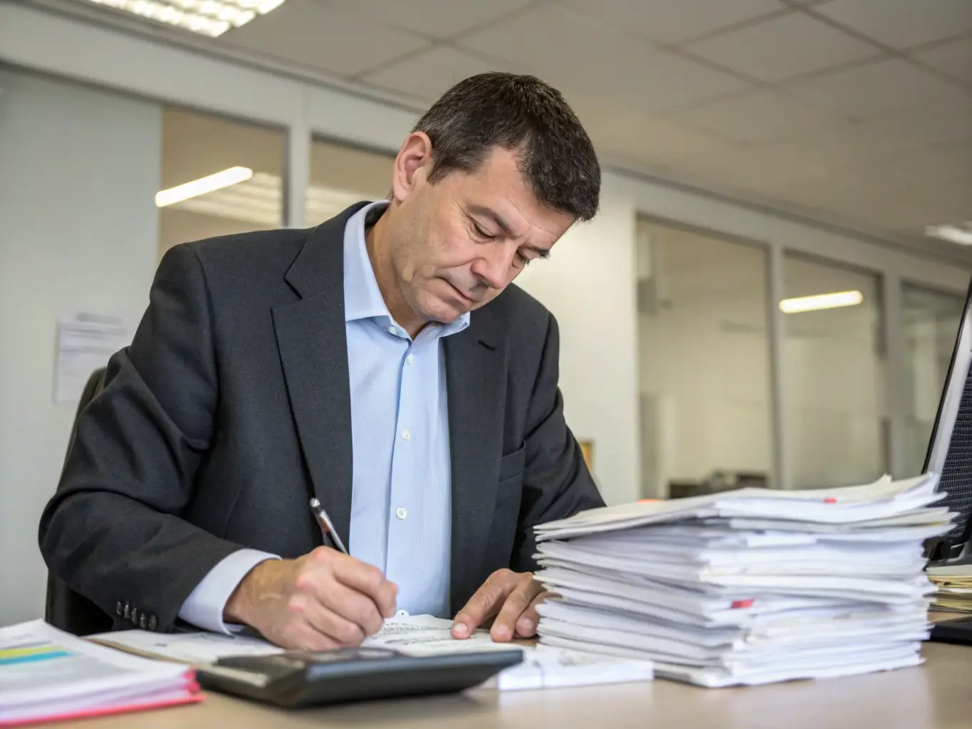 A broker reviews financial documents at a modern office desk, symbolizing the preparation for securing working capital.