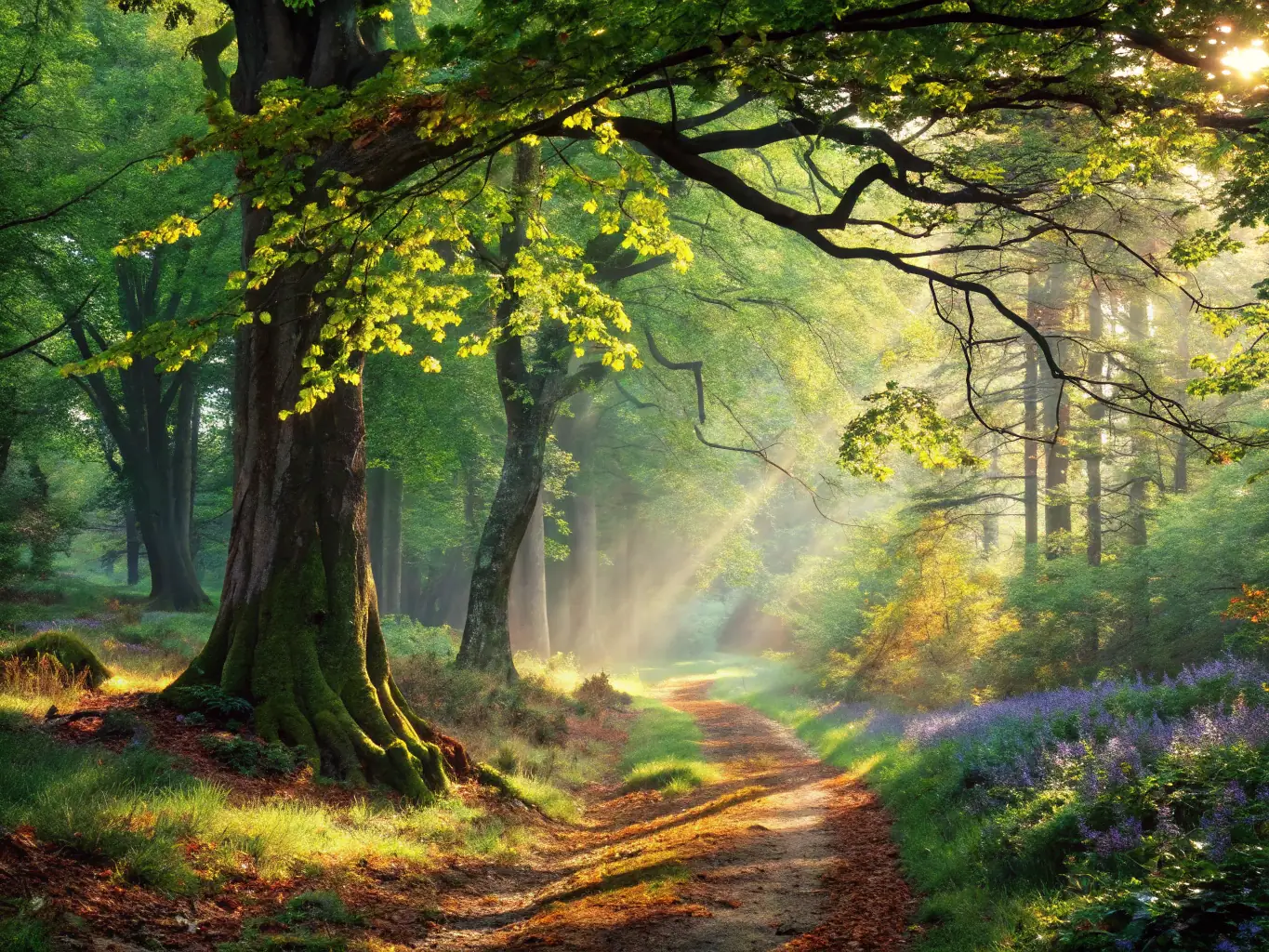 A lush green forest with sunlight filtering through the leaves, symbolizing growth and sustainability, representing the benefits of environmental funding.