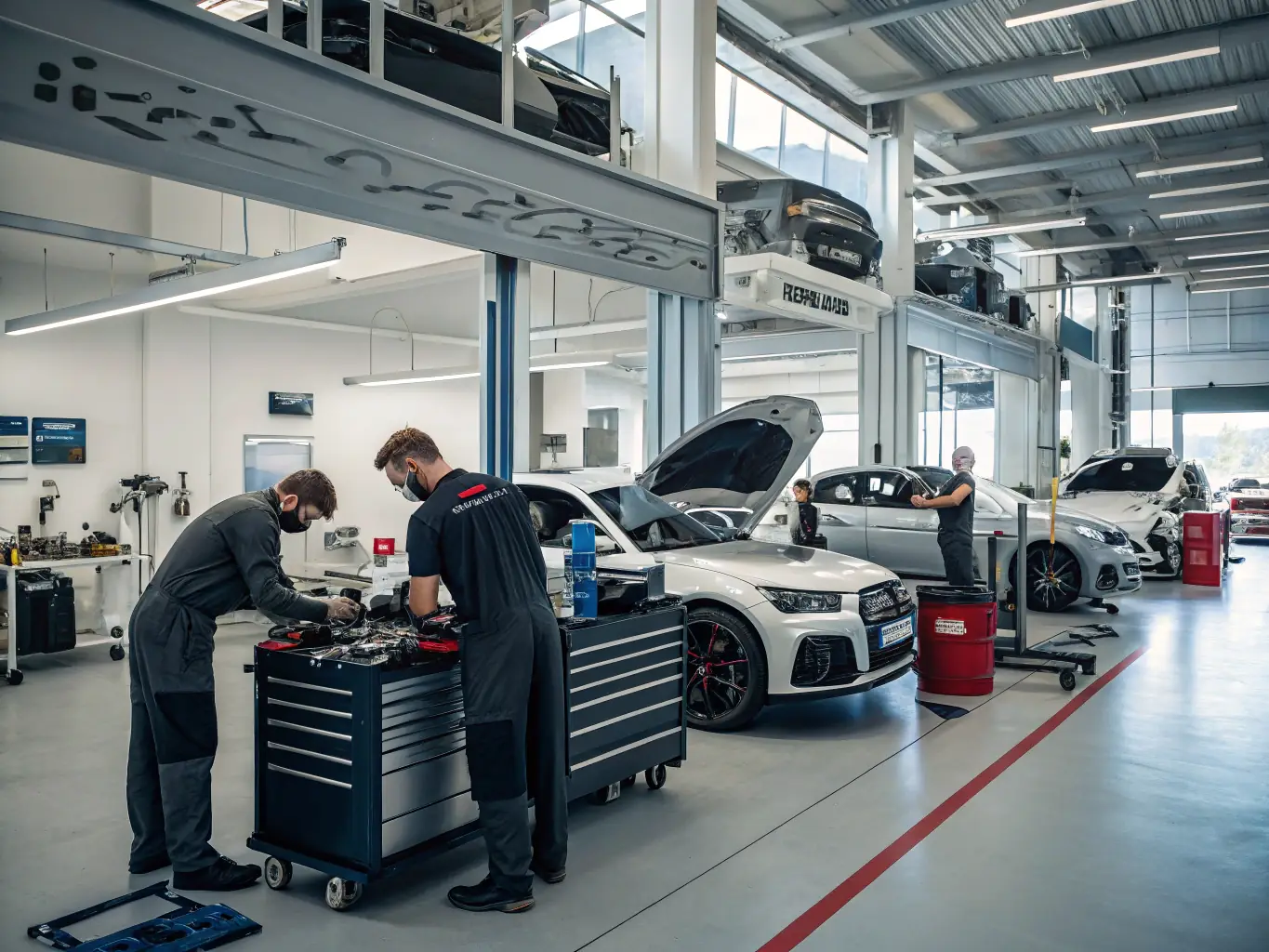 A well-lit auto repair shop with several mechanics working on different vehicles, showcasing a busy and productive environment, symbolizing growth and operational efficiency.
