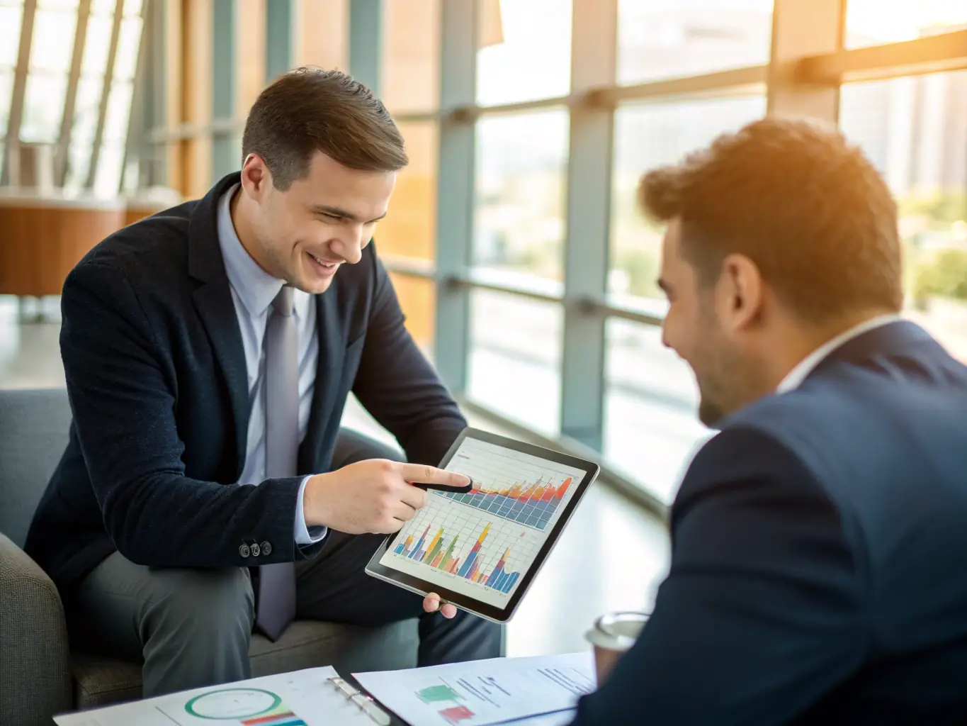 A professional photo of an energy executive reviewing financial documents in a modern office setting, symbolizing trust and expertise.