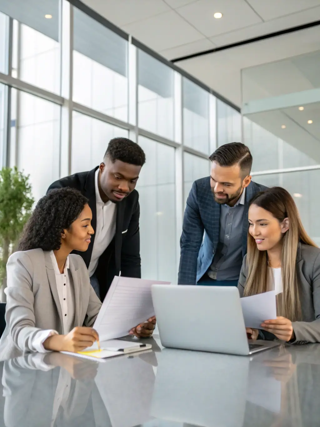 A diverse group of agriculture professionals collaborating and discussing strategies in a modern office setting, highlighting the industry expertise Mulah offers.