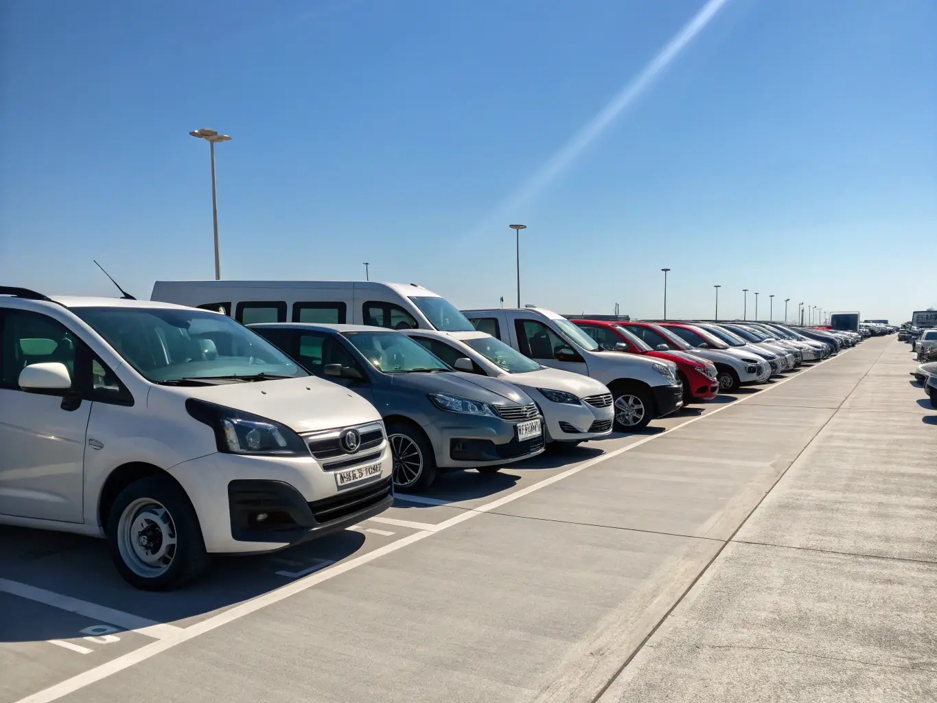 A professional photograph showcasing a diverse fleet of rental cars parked neatly in a designated area, symbolizing the potential for growth and expansion with the right funding.