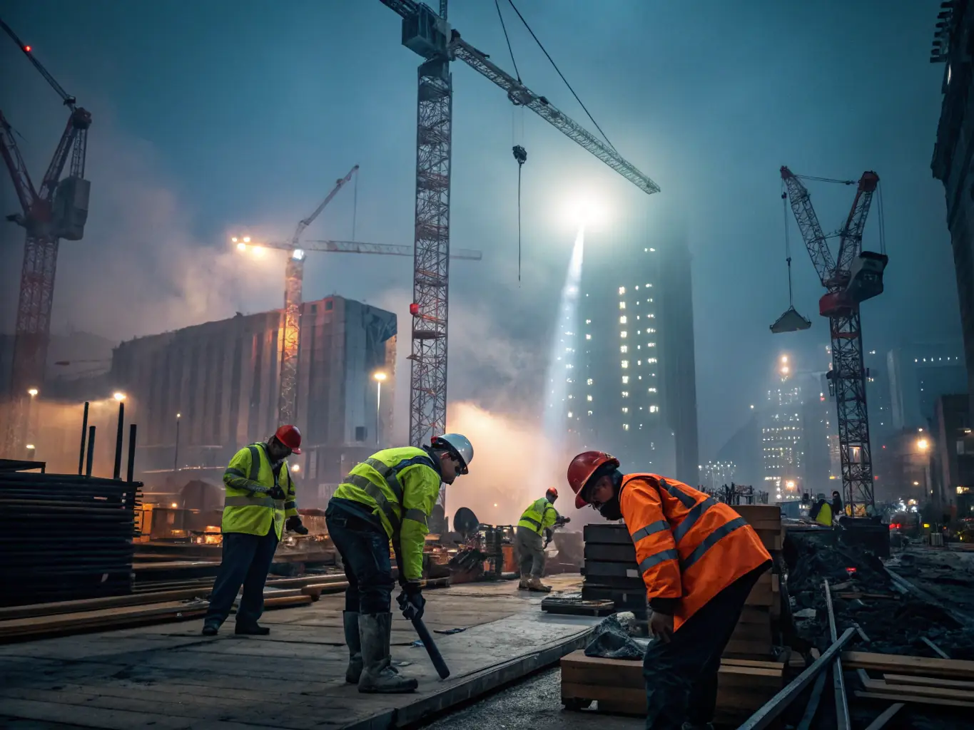 A construction site with workers building infrastructure, representing a government contract project being successfully executed with Mulah's funding.