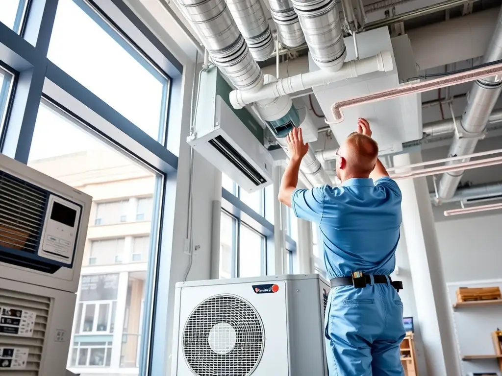 A modern HVAC system is being installed in a commercial building, highlighting the use of Mulah funding for upgrading equipment and expanding service capabilities.