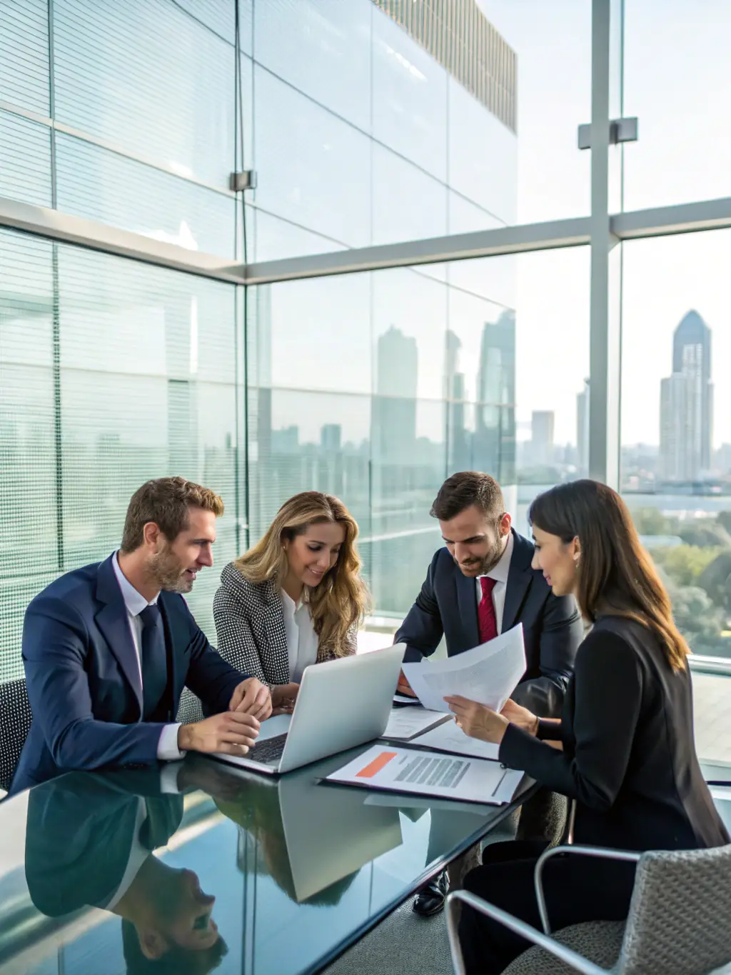 An image of a diverse team of aviation professionals collaborating in a modern office setting, representing innovation and strategic growth in the aviation industry, for a financial services website.