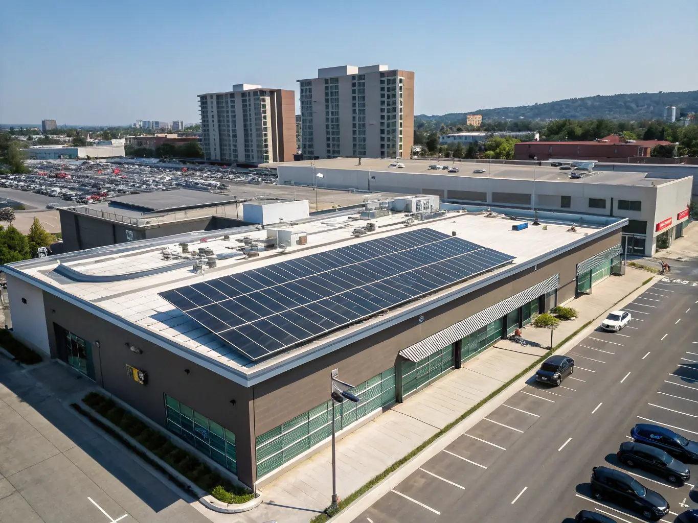A solar panel installation on a commercial building, representing clean energy solutions and cost-saving initiatives, with a focus on sustainability and energy efficiency.