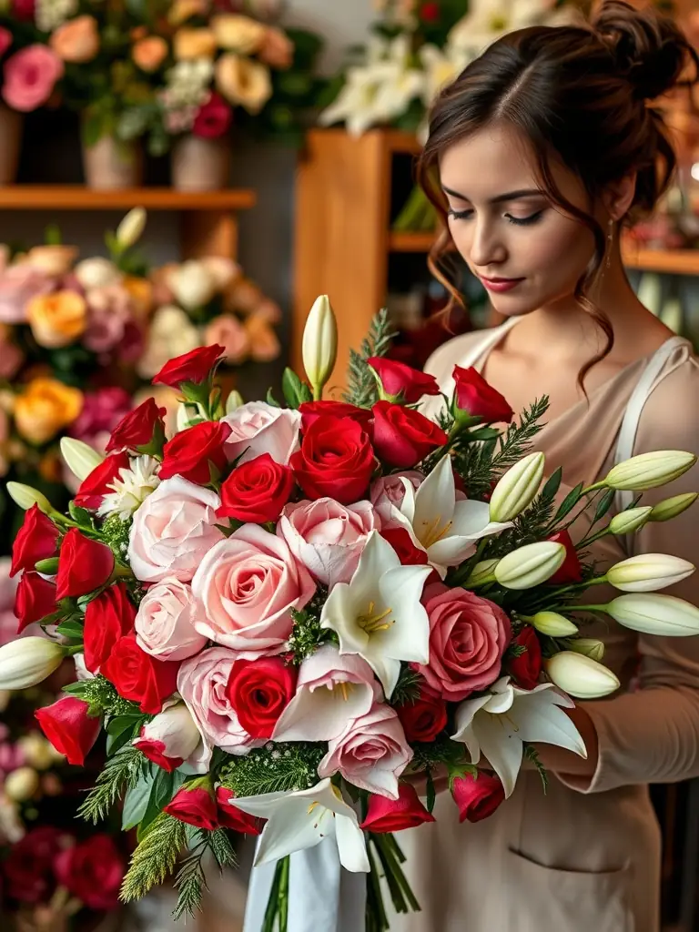 A florist arranging a vibrant bouquet of roses, lilies, and other flowers in a well-lit shop, showcasing the beauty and artistry of floral design.