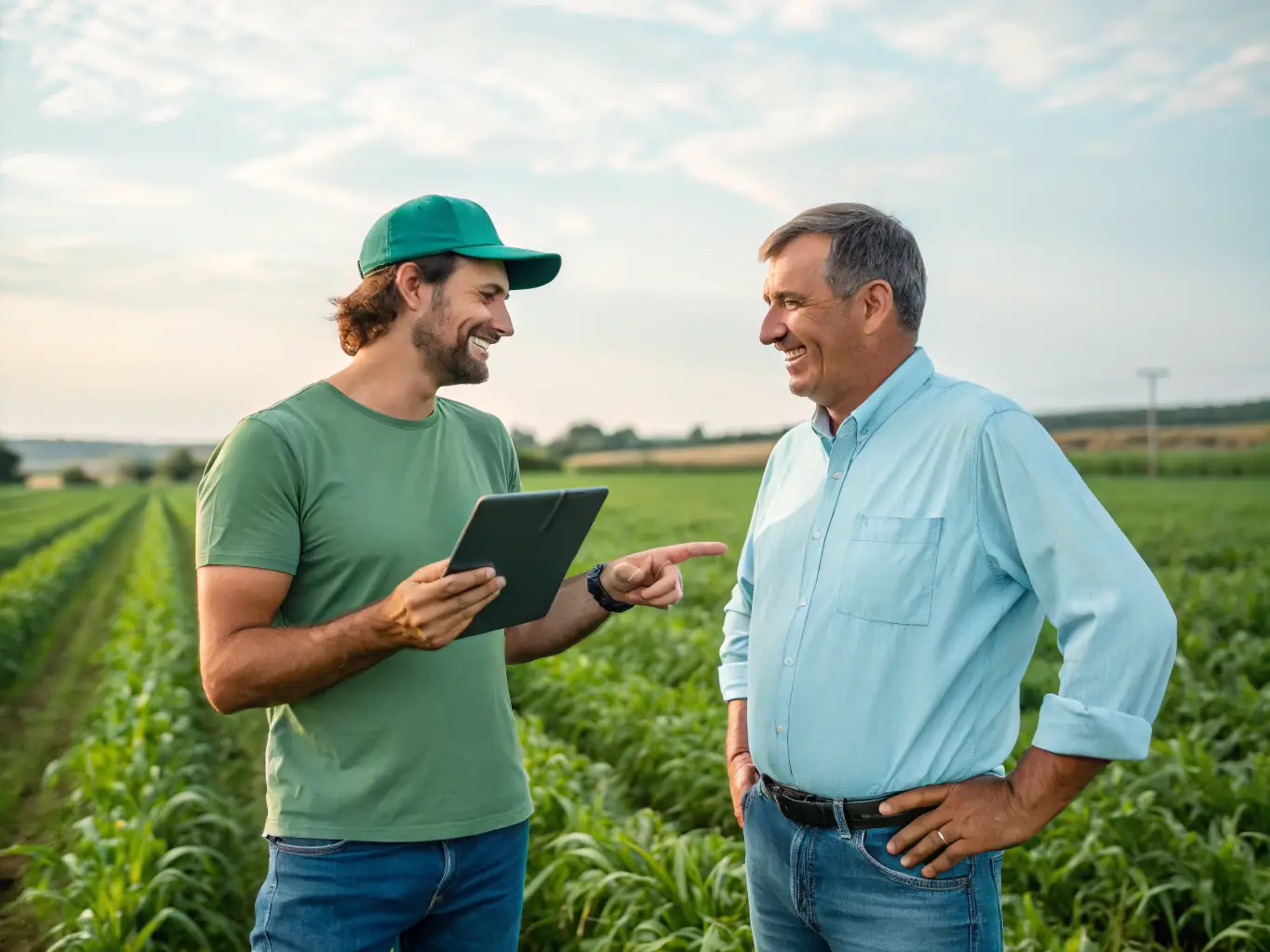 A photo of a Mulah financial advisor shaking hands with a farmer in front of a barn, illustrating the personalized service and industry expertise Mulah provides.