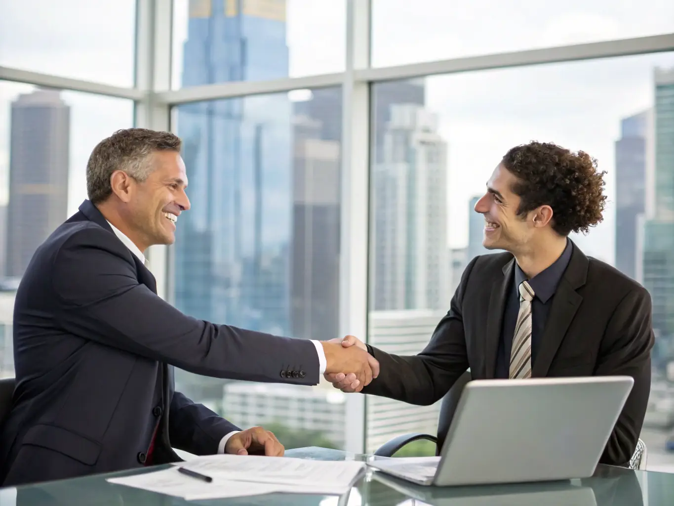 A business owner shaking hands with a financial advisor, symbolizing the successful funding of an environmental project.