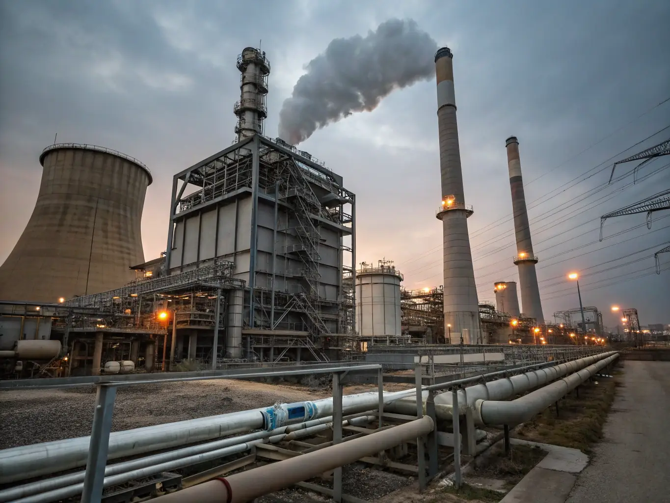 A bustling oil refinery during the day, representing traditional energy sources, with a focus on operational efficiency and technological advancement.