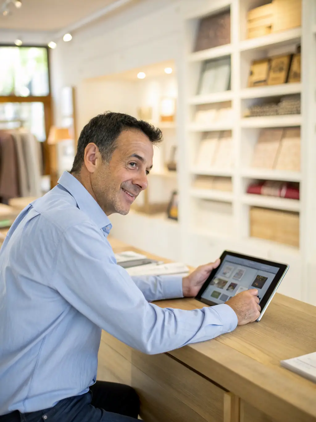 A furniture store owner reviewing inventory options on a tablet, showcasing the need for working capital to manage stock effectively.