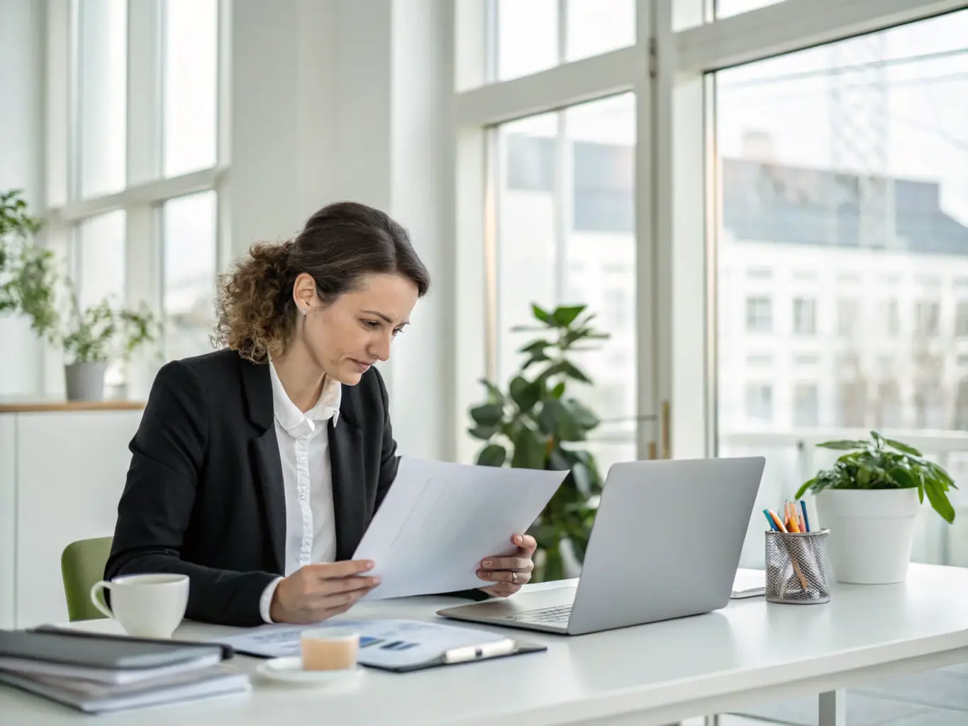 A professional collection agency team member is reviewing financial documents at a modern office desk, bathed in natural light, symbolizing thorough financial assessment.