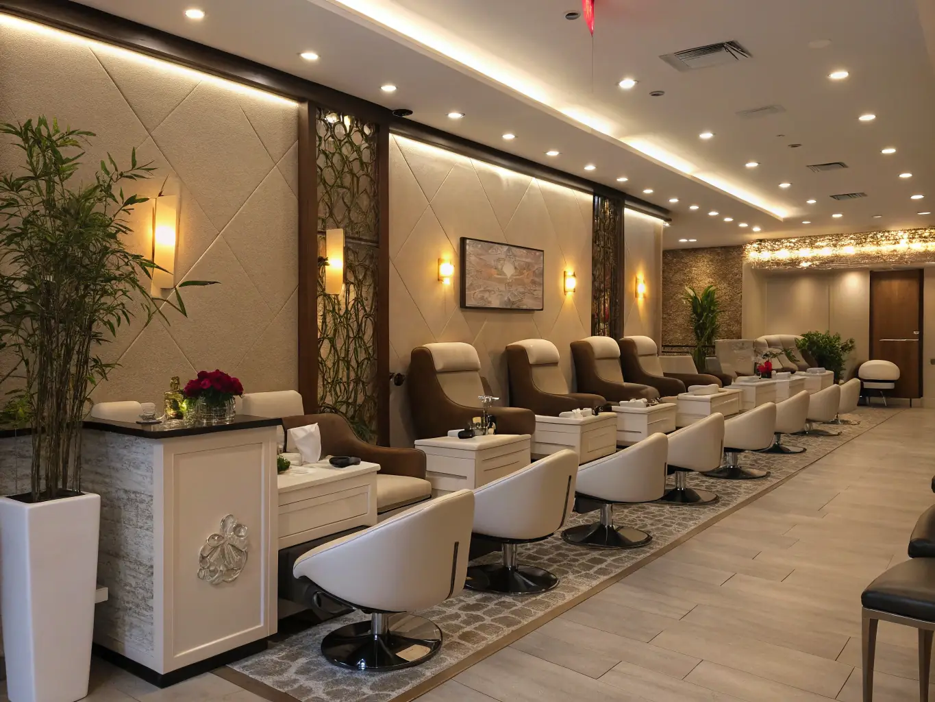 An architect's rendering of a nail salon expansion project, showing a larger, more luxurious space with additional service areas, symbolizing growth and increased capacity.