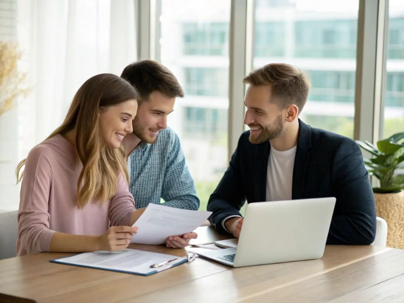 A professional photograph of a bar owner reviewing financial documents with a financial advisor. They are both smiling and appear to be engaged in a positive discussion.