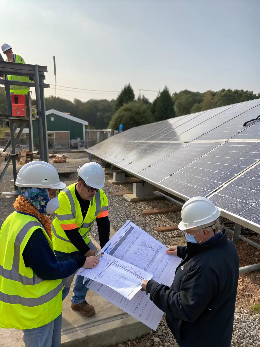A team of electricians working on a large-scale solar panel installation, emphasizing the growth and expansion opportunities in renewable energy.