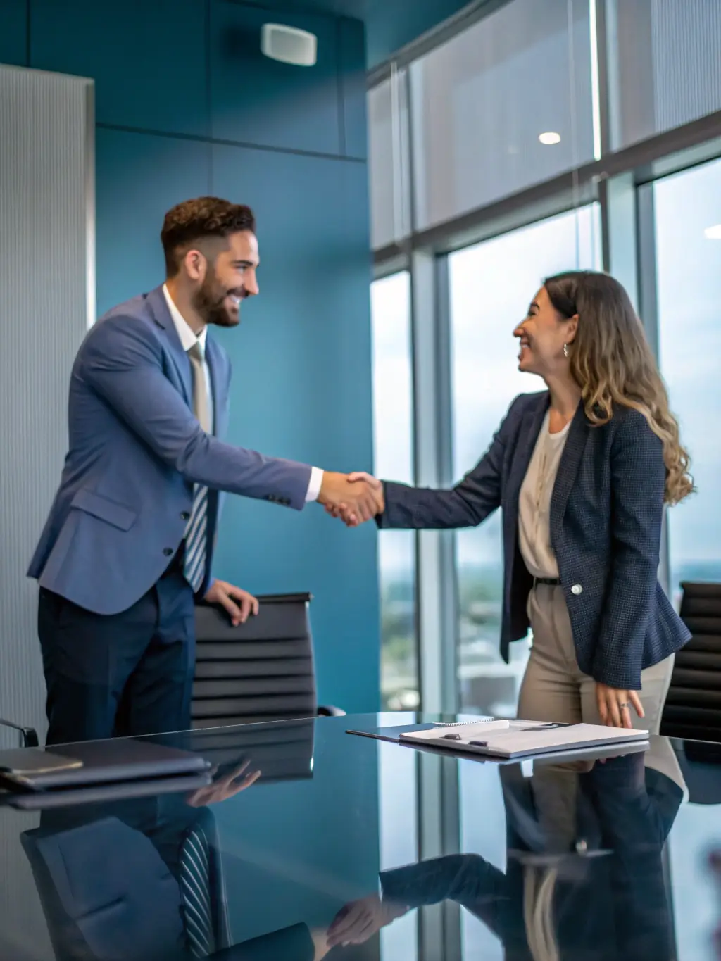 A professional banker in a suit shaking hands with a small business owner in a modern office, symbolizing a successful funding partnership.