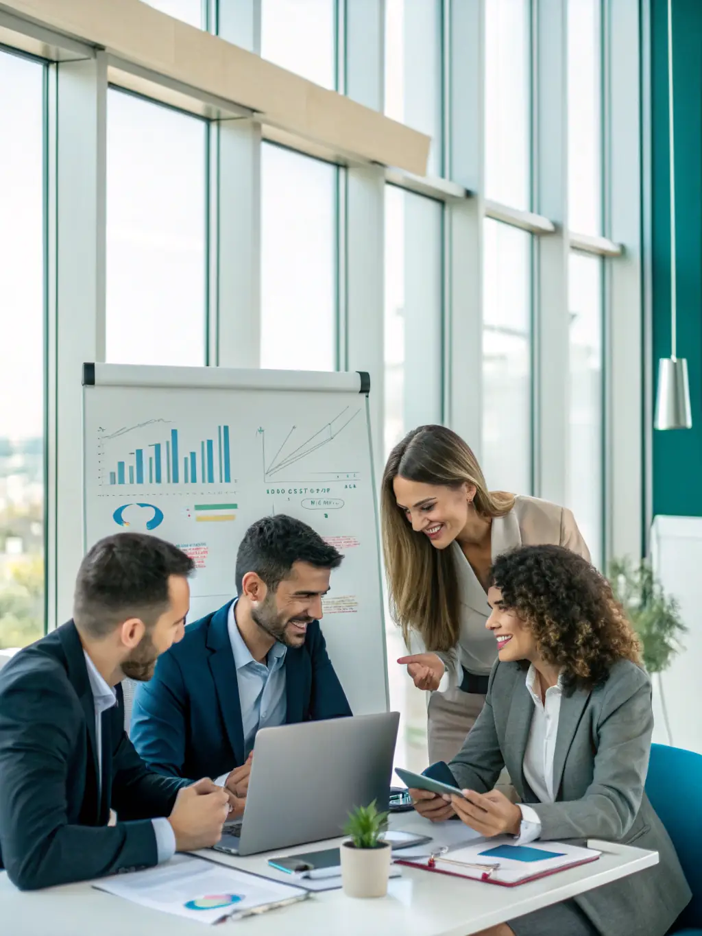 A diverse group of cell phone store employees collaborating around a table, reviewing sales data and discussing growth strategies, with a laptop displaying financial projections.