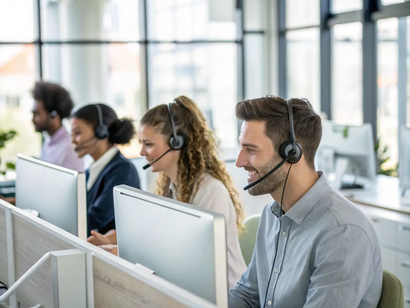 A vibrant call center environment with agents actively engaged in calls, showcasing a busy and productive workspace, symbolizing the potential growth Mulah.com can facilitate.