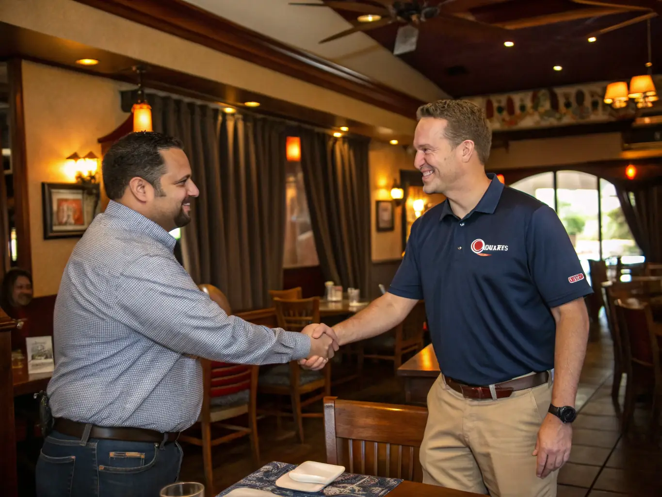 An image of a restaurant owner smiling and shaking hands with an OnDeckClone representative, symbolizing a successful partnership and financial support.